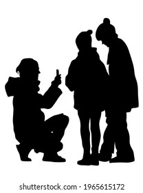 Families with little child walking on street. Isolated silhouettes of people on white background