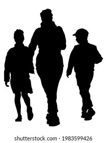 Families with little child walking on street. Isolated silhouettes of people on white background