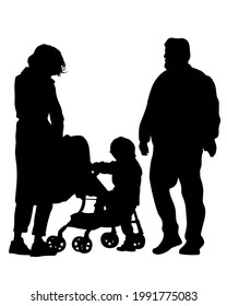 Families with little child walking on street. Isolated silhouettes of people on white background