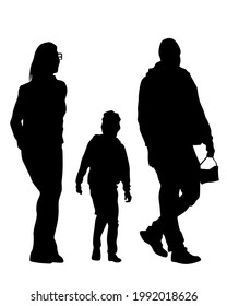 Families with little child walking on street. Isolated silhouettes of people on white background