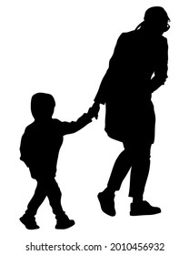 Families with little child walking on street. Isolated silhouettes of people on white background