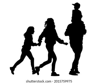 Families with little child walking on street. Isolated silhouettes of people on white background