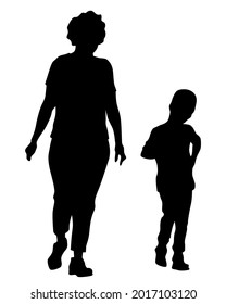 Families with little child walking on street. Isolated silhouettes of people on white background