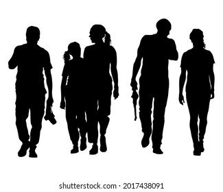 Families with little child walking on street. Isolated silhouettes of people on white background