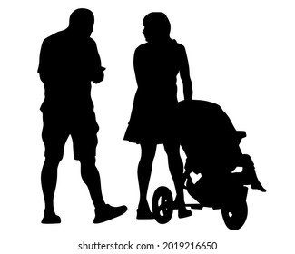 Families with little child walking on street. Isolated silhouettes of people on white background