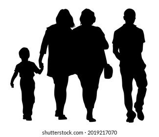 Families with little child walking on street. Isolated silhouettes of people on white background