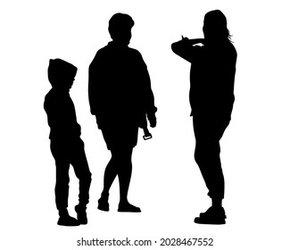 Families with little child walking on street. Isolated silhouettes of people on white background
