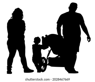 Families with little child walking on street. Isolated silhouettes of people on white background