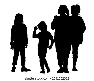 Families with little child walking on street. Isolated silhouettes of people on white background