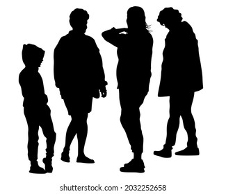 Families with little child walking on street. Isolated silhouettes of people on white background