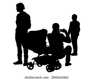Families with little child walking on street. Isolated silhouettes of people on white background