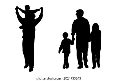 Families with little children are playing. Black silhouettes.
