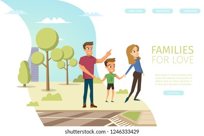 Families for Love Flat Vector Horizontal Web Banner with Happy Smiling Father and Mother Walking with Child, Spending Time In City Park with Little Son Illustration. Traditional Family Values Concept