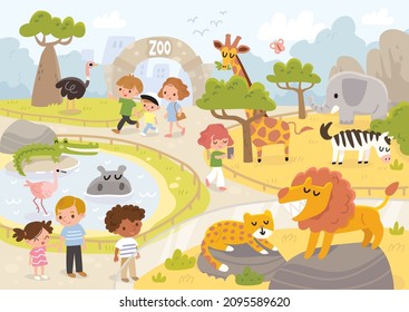 Families with minor children walking around Zoo to see animals. Zoo trip. Family spending the day visiting Zoo with kids to learn about the wildlife animals. Family outing. People walking in Zoo. - Shutterstock ID 2095589620