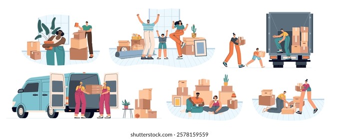 Families are moving. People collect things in boxes, ship them, cargo transport, cartoon movers move furniture, housing change, vector set