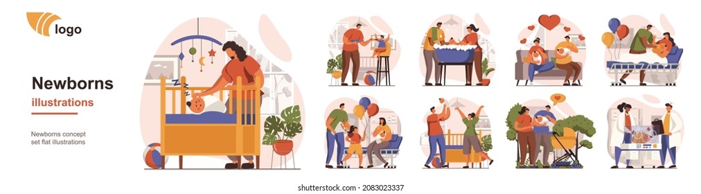 Families with newborns baby concept isolated person situations. Collection of scenes with people take care children, young mothers and fathers with kids. Mega set. Vector illustration in flat design