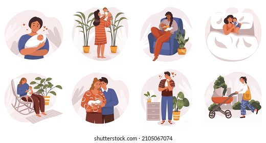 Families with newborns web concept in flat design. Young mothers and fathers holding and hugging babies, take care of children, happy parents feeling love to kids, modern scene. Vector illustration.