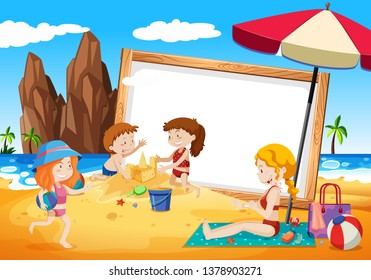 families on beach frame illustration