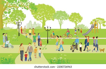 Families and other people have a leisure time in nature, illustration