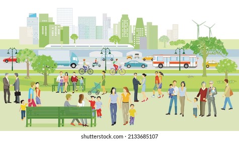 Families and other people have a rest in free time illustration