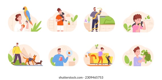 Families owner pets. People pet care owners, woman cuddle puppy man hold snake, family children walk or training dog canine love petting hug cat, splendid vector illustration of character with pets