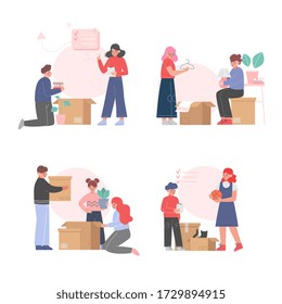 Families Packing or Unpacking Belongings in Cardboard Boxes Set, People Relocating to New Home Vector Illustration