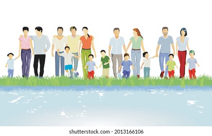 Families, parents and children, groups of people by the water