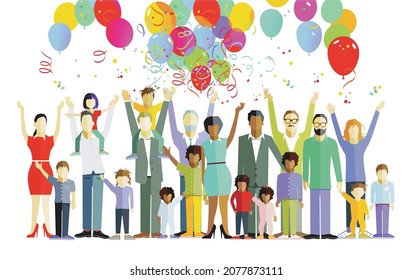 Families, parents and children are happy and have a party