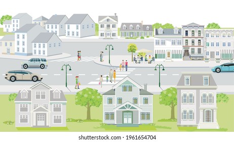 Families and people on the sidewalk with road traffic illustration