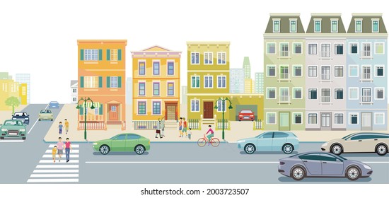 Families and people on the sidewalk with road traffic illustration