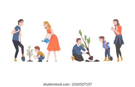 Families planting trees in city park in spring. Environment protection concept cartoon vector illustration