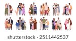 Families portraits, diversity. Happy diverse parents and kids of different nationalities, ethnicities, various cultures and traditions, set. Flat vector illustrations isolated on white background