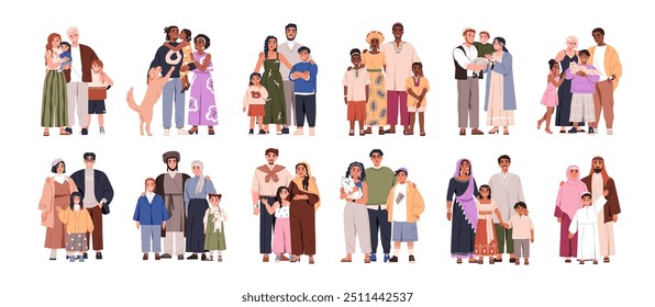 Families portraits, diversity. Happy diverse parents and kids of different nationalities, ethnicities, various cultures and traditions, set. Flat vector illustrations isolated on white background