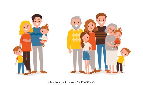 Families portraits set. Big happy multi-generational family siblings relatives portrait. Vector people. Seniors mother and father with babies, children grandchildrens and grandparents. Grandma grandpa