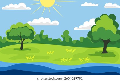 Families relax by the riverbank on a bright summer day, enjoying nature s beauty with trees and fluffy clouds dotting the skyline. Outdoor activities enrich the vacation experience