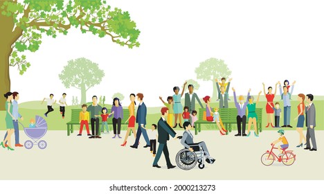 Families relax in the park