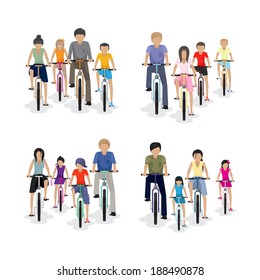 Families Riding A Bicycle - Isolated On White Background - Vector Illustration, Graphic Design Editable For Your Design