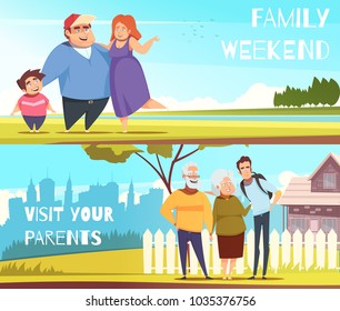 Families set of horizontal banners with weekend on nature and visit to parents, isolated vector illustration  