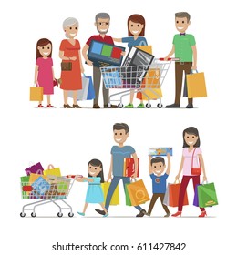 Families shopping concept vector illustration on white. Members of two families doing shopping and holding big packages with bought goods. Relatives spending time together and buying things.