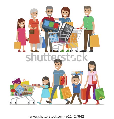 Families shopping concept vector illustration on white. Members of two families doing shopping and holding big packages with bought goods. Relatives spending time together and buying things.