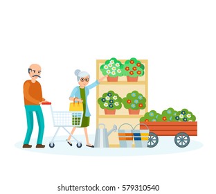 Families shopping in supermarket concept. People between ages walk through the mall, make a purchase, look department with plants and garden products. Vector illustration isolated on white background.