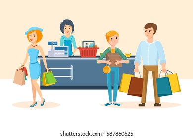 Families shopping in supermarket concept. A young couple walking through the mall, make purchases and plans further acquisitions. Vector illustration isolated on white background.