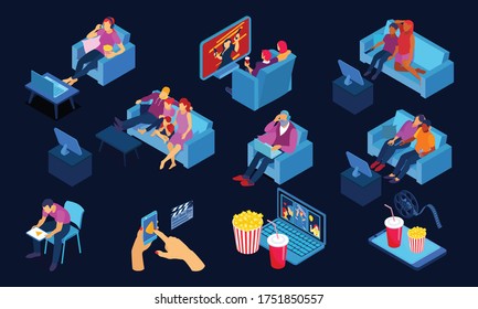 Families singles watching movie home online on led cinema screen laptop isometric dark background set  vector illustration 