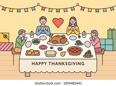 Families are sitting around a table on Thanksgiving and praying. flat design style minimal vector illustration.