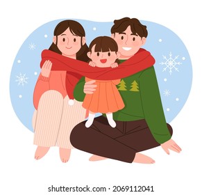 Families are sitting together in large scarves with happy faces. Winter concept family vector illustration.