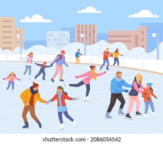 Families skating ice rink. People in winter christmas scene, snow sports, fun fall children, adult couple with kid vacation in outside landscape, family park, vector. Illustration of winter skating