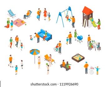 Families Spending Free Time 3d Icons Set Isometric View Include of Recreation Together, Walk and Game. Vector illustration of Icon People Leisure