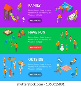 Families Spending Free Time 3d Banner Horizontal Set Isometric View Include of Recreation Together, Walk and Game. Vector illustration of Icon People Leisure