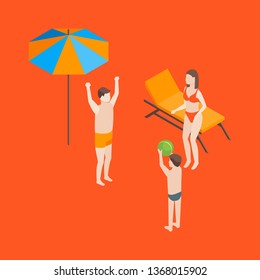 Families Spending Free Time 3d Isometric View Recreation Together. Vector illustration of People on Beach