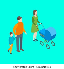 Families Spending Free Time 3d Isometric View Recreation Together. Vector illustration of People Walking